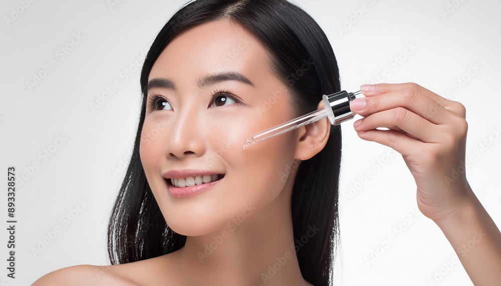 Asian Woman holding a Pipette with Skincare Serum - Applying Serum to her Face - Hyaluronic Acid, Anti Aging, Moisturiser, Repair, Hydrating, Vitamin, Ascorbic, Retinol, Exfoliant, Azelaic Asian Woman holding a Pipette with Skincare Serum - Applying Serum to her Face - Hyaluronic Acid, Anti Aging, Moisturiser, Repair, Hydrating, Vitamin, Ascorbic, Retinol, Exfoliant, Azelaic
