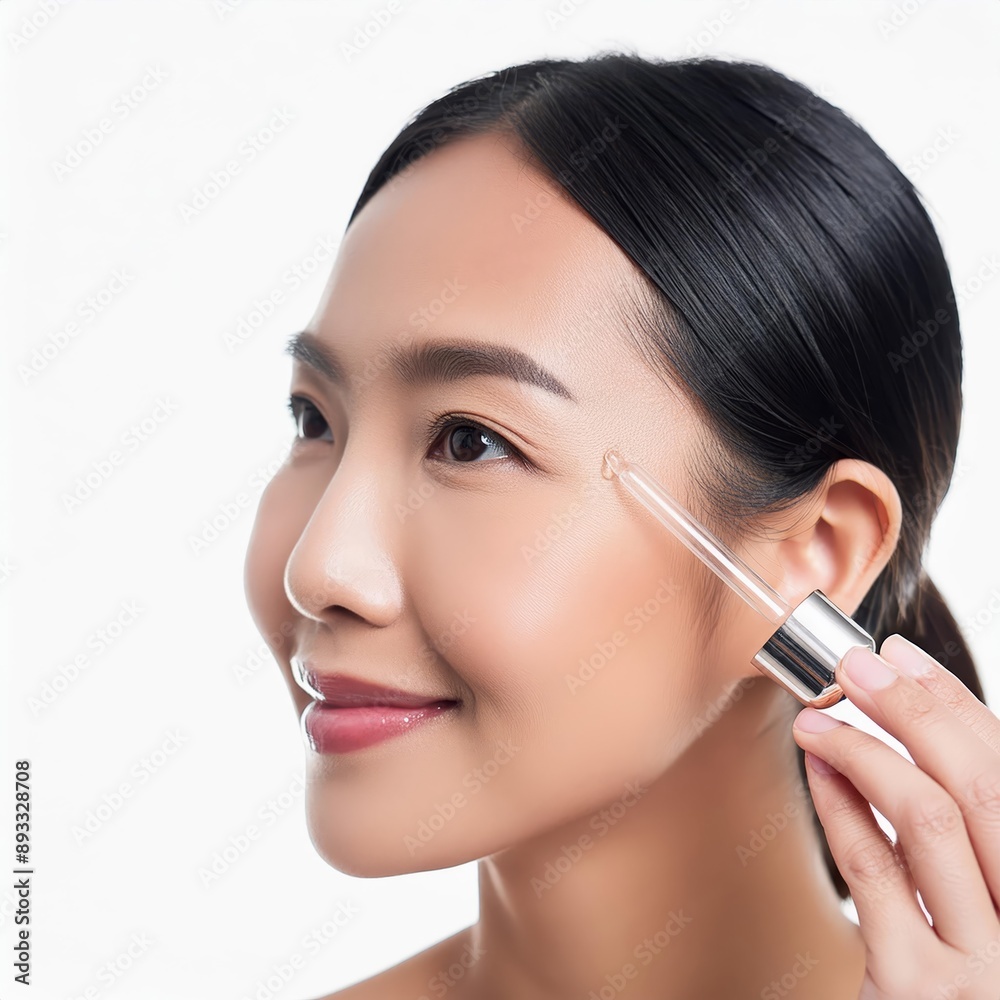 Asian Woman holding a Pipette with Skincare Serum - Applying Serum to her Face - Hyaluronic Acid, Anti Aging, Moisturiser, Repair, Hydrating, Vitamin, Ascorbic, Retinol, Exfoliant, Azelaic Asian Woman holding a Pipette with Skincare Serum - Applying Serum to her Face - Hyaluronic Acid, Anti Aging, Moisturiser, Repair, Hydrating, Vitamin, Ascorbic, Retinol, Exfoliant, Azelaic