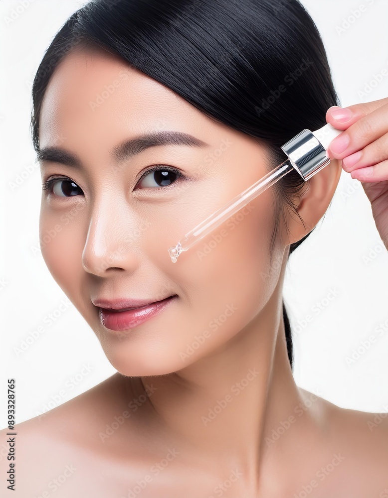 Asian Woman holding a Pipette with Skincare Serum - Applying Serum to her Face - Hyaluronic Acid, Anti Aging, Moisturiser, Repair, Hydrating, Vitamin, Ascorbic, Retinol, Exfoliant, Azelaic Asian Woman holding a Pipette with Skincare Serum - Applying Serum to her Face - Hyaluronic Acid, Anti Aging, Moisturiser, Repair, Hydrating, Vitamin, Ascorbic, Retinol, Exfoliant, Azelaic