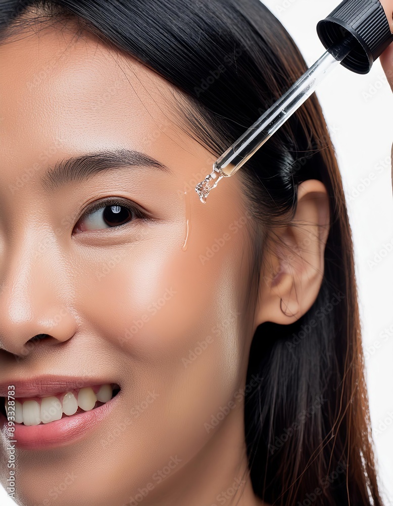 Asian Woman holding a Pipette with Skincare Serum - Applying Serum to her Face - Hyaluronic Acid, Anti Aging, Moisturiser, Repair, Hydrating, Vitamin, Ascorbic, Retinol, Exfoliant, Azelaic Asian Woman holding a Pipette with Skincare Serum - Applying Serum to her Face - Hyaluronic Acid, Anti Aging, Moisturiser, Repair, Hydrating, Vitamin, Ascorbic, Retinol, Exfoliant, Azelaic