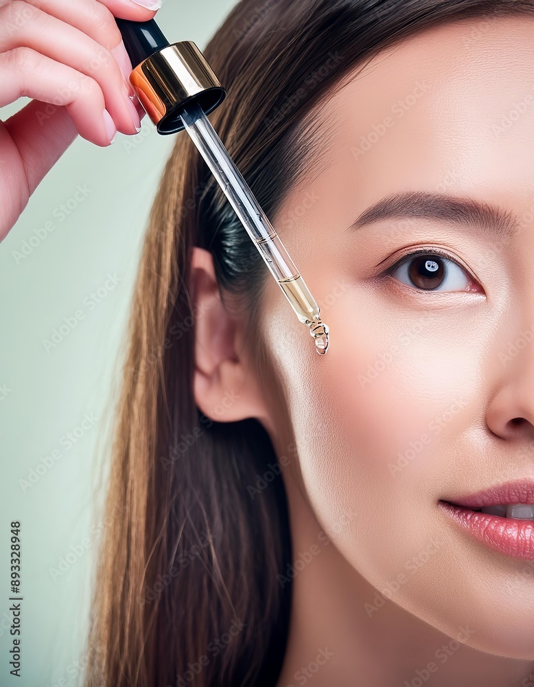 Asian Woman holding a Pipette with Skincare Serum - Applying Serum to her Face - Hyaluronic Acid, Anti Aging, Moisturiser, Repair, Hydrating, Vitamin, Ascorbic, Retinol, Exfoliant, Azelaic Asian Woman holding a Pipette with Skincare Serum - Applying Serum to her Face - Hyaluronic Acid, Anti Aging, Moisturiser, Repair, Hydrating, Vitamin, Ascorbic, Retinol, Exfoliant, Azelaic