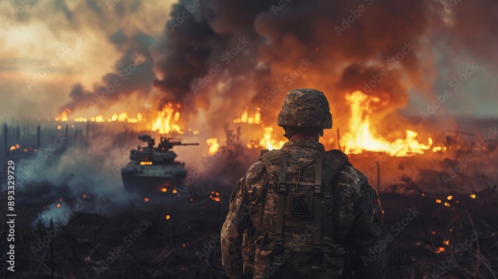 Naklejka premium A Man in a Military Uniform Looking at a Burning Field of Trees and a Tank in the Distance - Generative AI