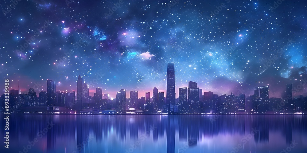 Futuristic City Skyline Reflecting in Tranquil Waters Under a Starry Night Sky Futuristic City Skyline Reflecting in Tranquil Waters Under a Starry Night Sky