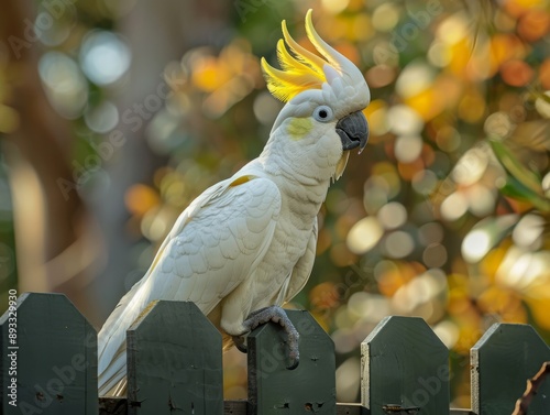 Majestic Sulphur Crested Cockatoo Perched on a Gold Coast Fence photo