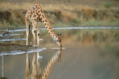 Masai Giraffe, Giraffa camelopardalis tippelskirchi, adult bending down to drink from lake photo