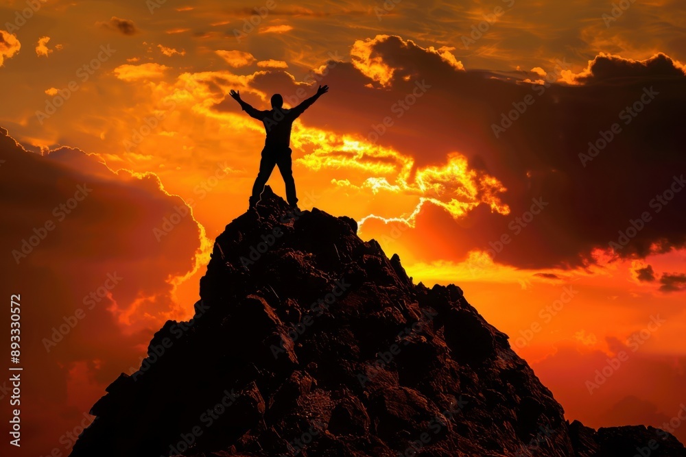 Triumphant climber silhouetted at sunset