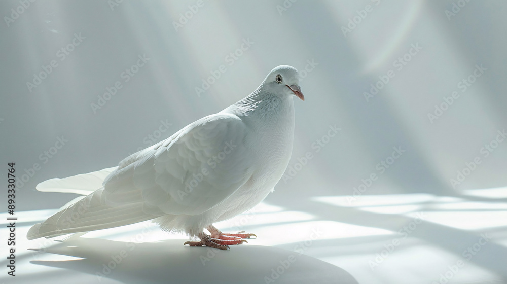 Obraz premium A graceful white dove standing on a white surface, its feathers glistening in the soft light, symbolizing peace, purity, and hope.