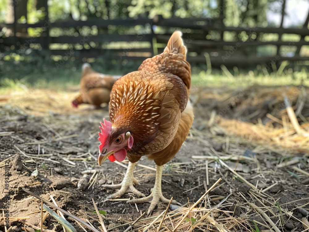 Fototapeta premium Life on the Farm: A Red Hen's Journey to Motherhood