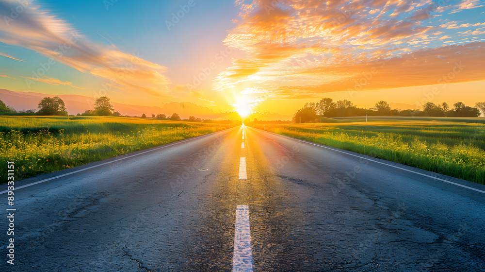 Naklejka premium A scenic road stretches towards a vibrant sunset, with a field of yellow wildflowers on either side.