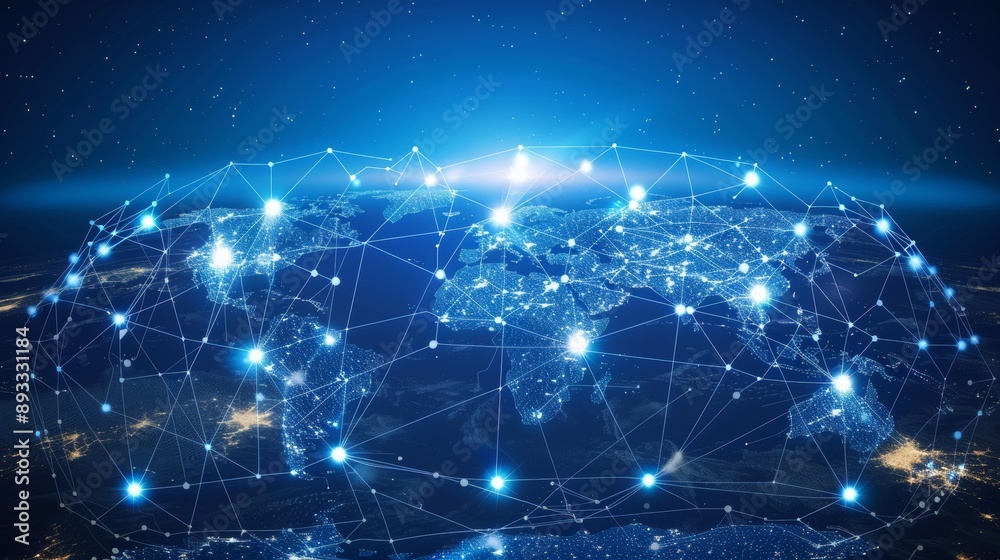 A blue background with an abstract illustration of a world map with polygonal wireframes. An abstract illustration of a polygonal space with lines and dots. A blue background with an abstract illustration of a world map with polygonal wireframes. An abstract illustration of a polygonal space with lines and dots.