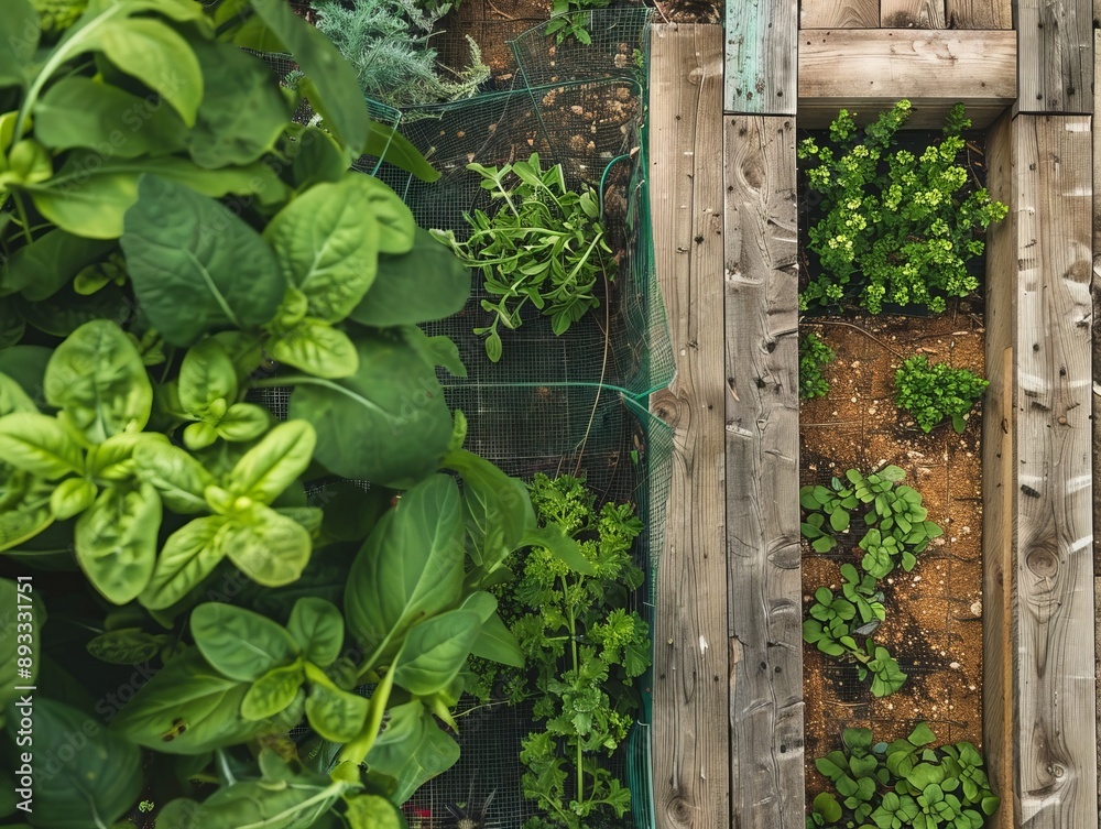 Fototapeta premium Protecting Your Garden: Building a Wooden Raised Bed with Wire Mesh Top View