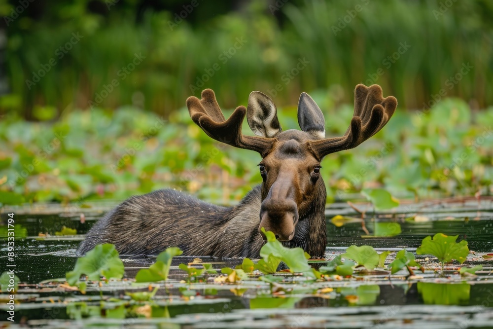 Northern Maine moose enjoying a buffet of fresh water plants while it wades in a pond.