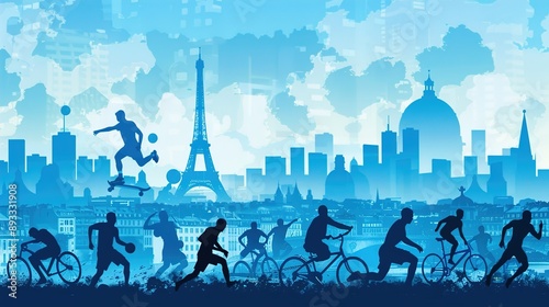 olympic games Paris 2024 illustration ,olympic athlete silhouette paris arc in tri color theme