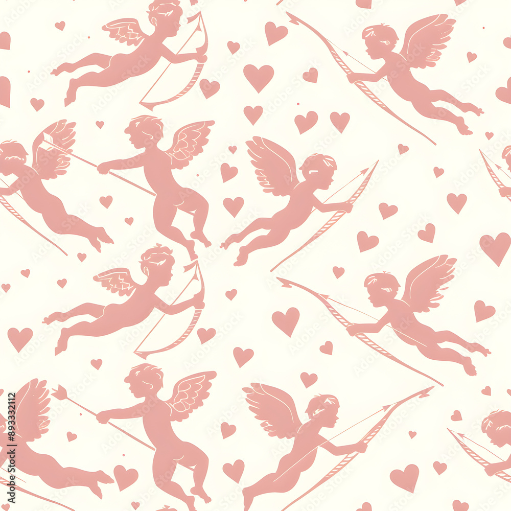 Fototapeta premium Pink cupids flying and aiming with bow and arrow seamless pattern