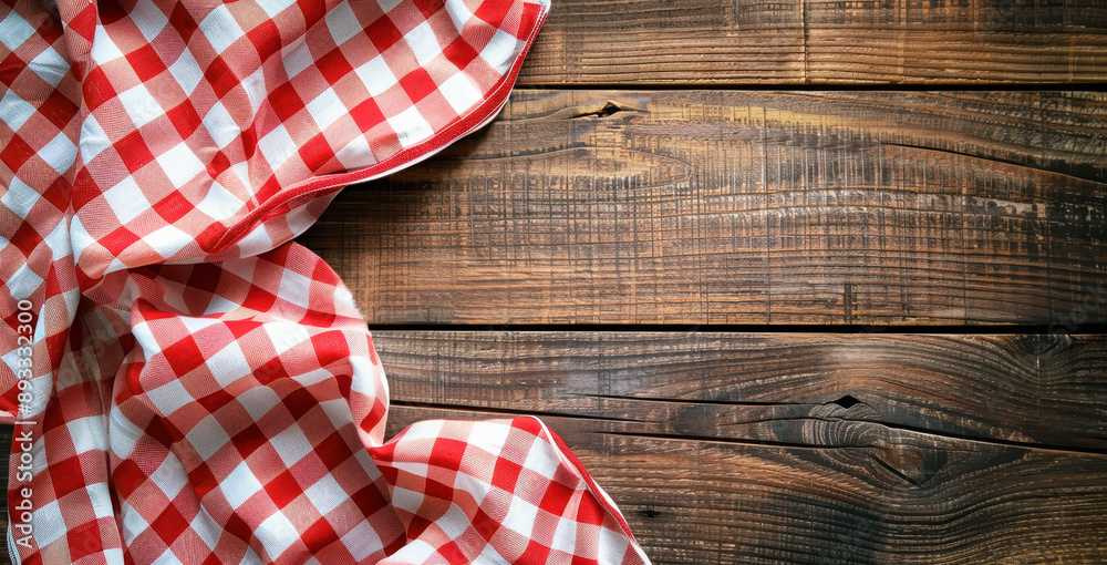 Red and white checkered tablecloth on a wooden background with space for text or design, top view of a picnic cloth over an old brown wood texture Red and white checkered tablecloth on a wooden background with space for text or design, top view of a picnic cloth over an old brown wood texture
