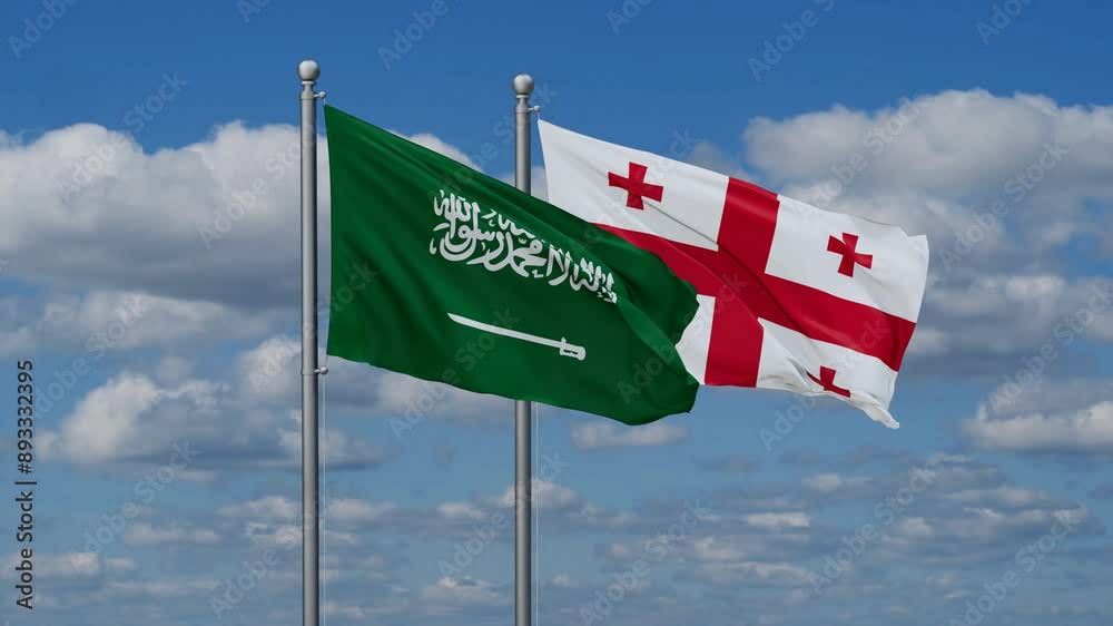 Georgia and Saudi Arabia flags flying together, video concept of the relationship, two country relations concept Georgia and Saudi Arabia flags flying together, video concept of the relationship, two country relations concept