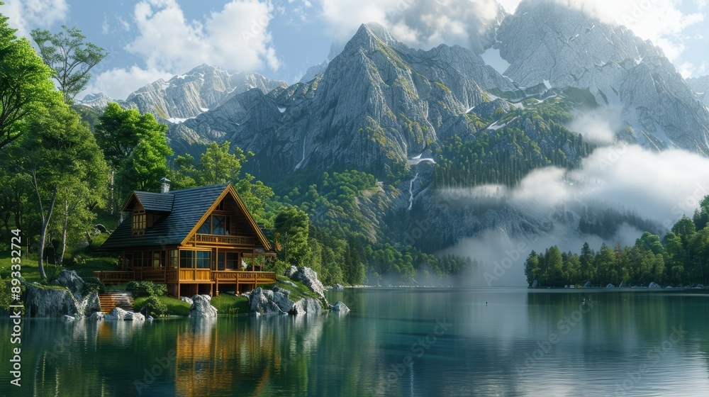 Fototapeta premium Idyllic Mountain Cabin Retreat by a Serene Lake