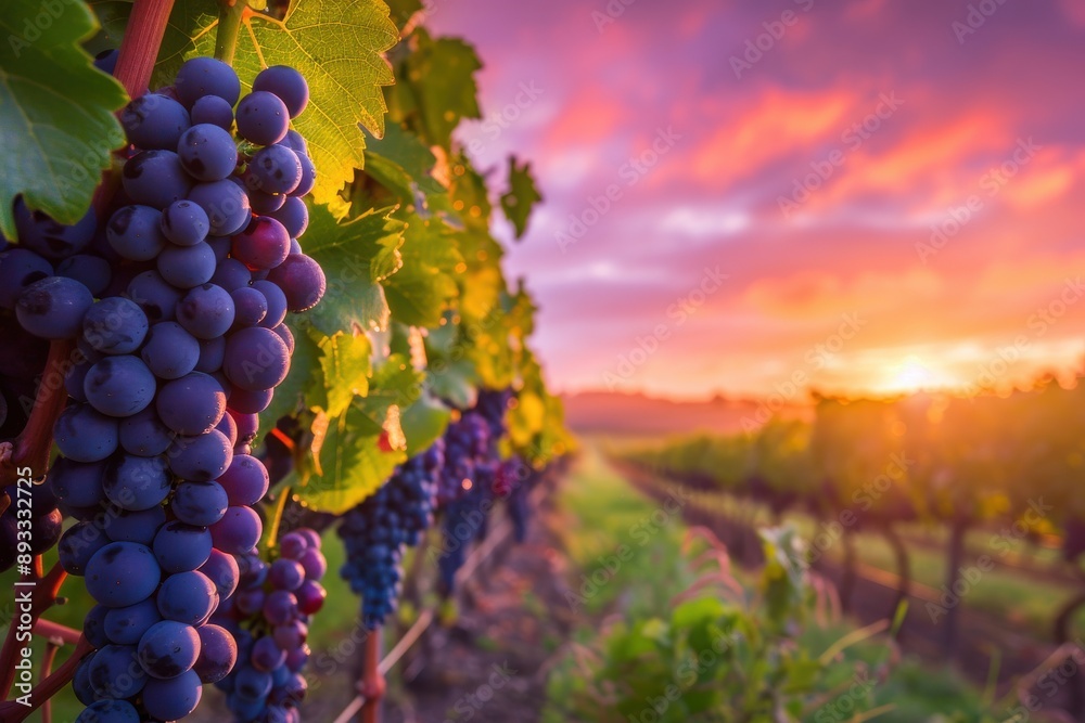 Naklejka premium Closeup of a dark purple grapes hanging from lush green vines, with a colorful sunset sky in the background