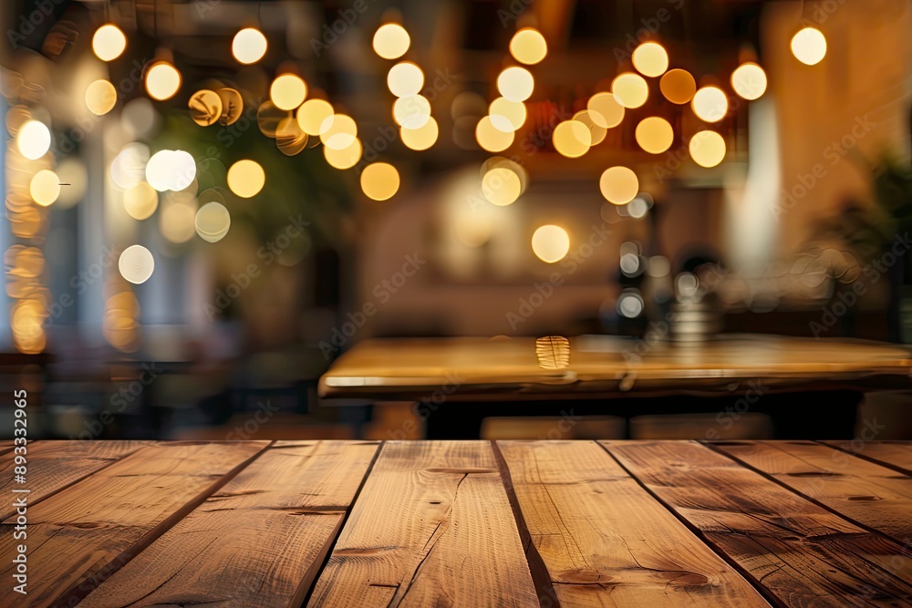Empty wooden table top with lights bokeh on blur restaurant background with generative ai Empty wooden table top with lights bokeh on blur restaurant background with generative ai