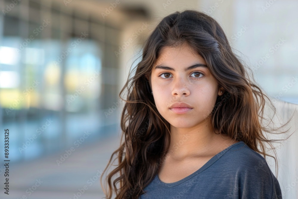 Serious Student. Young Hispanic Female Student Portrait Looking Serious at University Campus Serious Student. Young Hispanic Female Student Portrait Looking Serious at University Campus