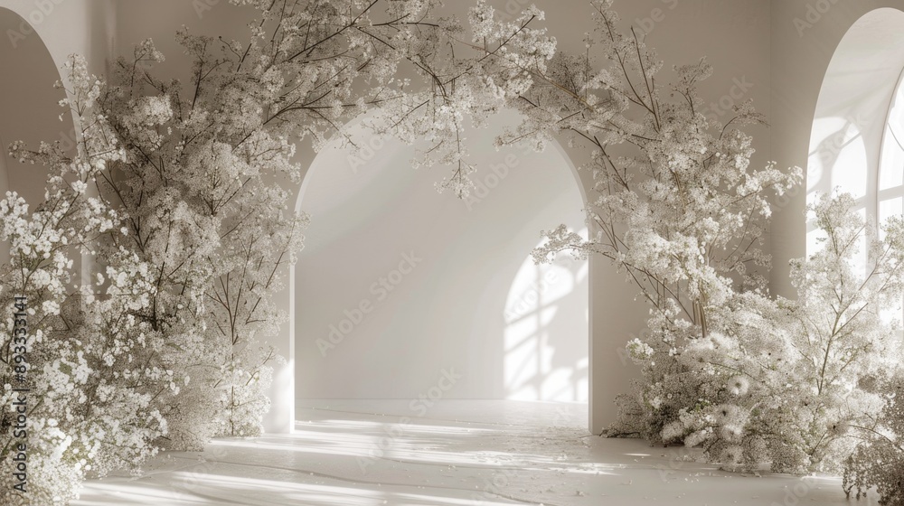 Simple Wedding Flowers. White Room with Arch and Floral Wall Decor Simple Wedding Flowers. White Room with Arch and Floral Wall Decor