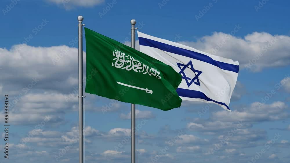 Israel and Saudi Arabia flags flying together, video concept of the relationship, two country relations concept Israel and Saudi Arabia flags flying together, video concept of the relationship, two country relations concept