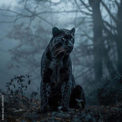 Screen Saver. Black Panther Sitting in Mysterious Mist and Fog