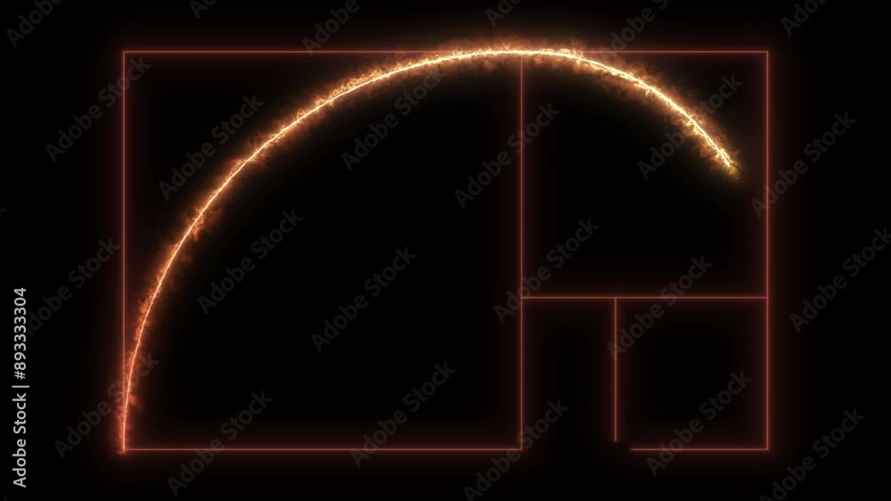 2d glowing red-orange fire line animation of golden ratio Fibonacci sequence golden number on a black background fitting for overlay layer or compositing