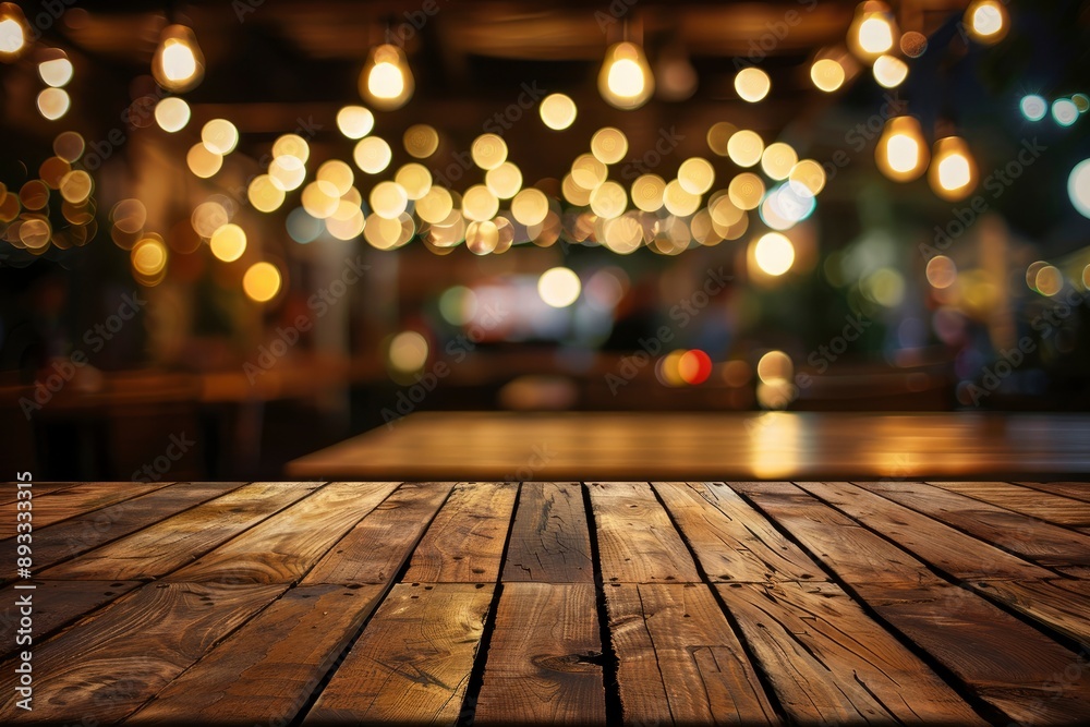 Empty wooden table top with lights bokeh on blur restaurant background  with generative ai