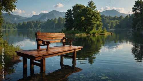 A tranquil scene chair, table, bench, nature, water, relaxation generated by AI. A tranquil scene chair, table, bench, nature