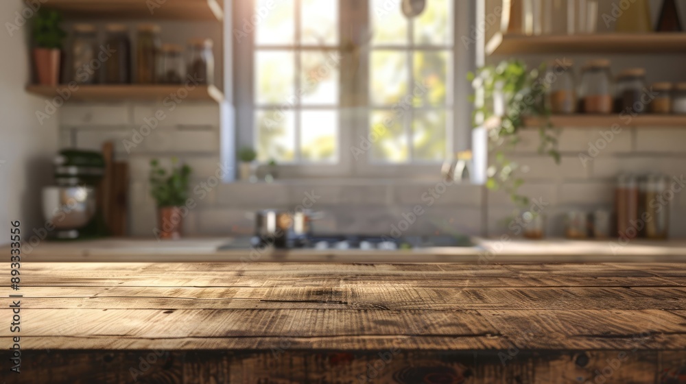 Wooden table with kitchen window and shelves blurred in the background Wooden table with kitchen window and shelves blurred in the background