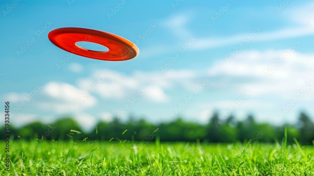 A frisbee in mid-air, close-up, with a backdrop of green grass and summer sky. Red disc flying through the air, on a beautiful sunny day.