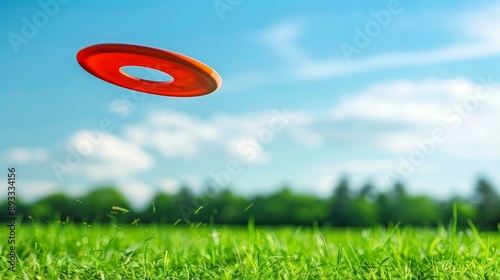 Obraz na płótnie A frisbee in mid-air, close-up, with a backdrop of green grass and summer sky. Red disc flying through the air, on a beautiful sunny day. w salonie