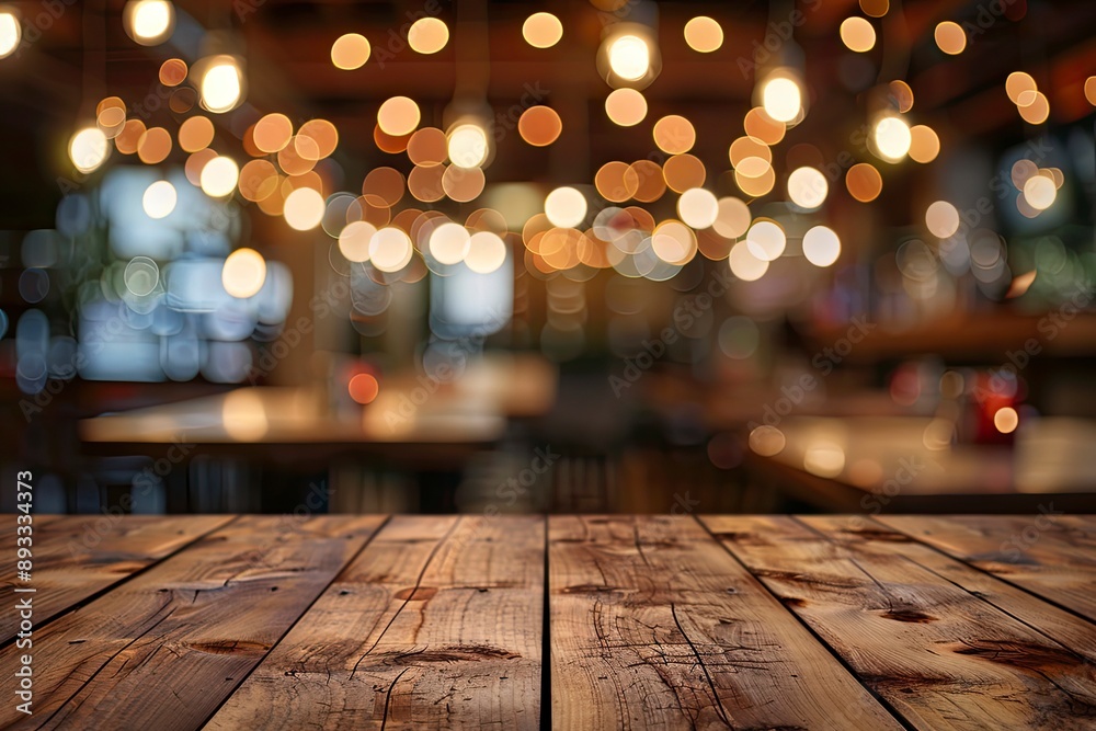 Empty wooden table top with lights bokeh on blur restaurant background with generative ai Empty wooden table top with lights bokeh on blur restaurant background with generative ai