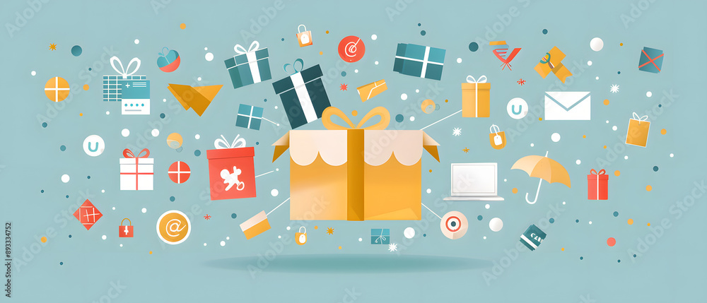 Gift box bursting with colorful presents and icons, on a blue background. Gift box bursting with colorful presents and icons, on a blue background.