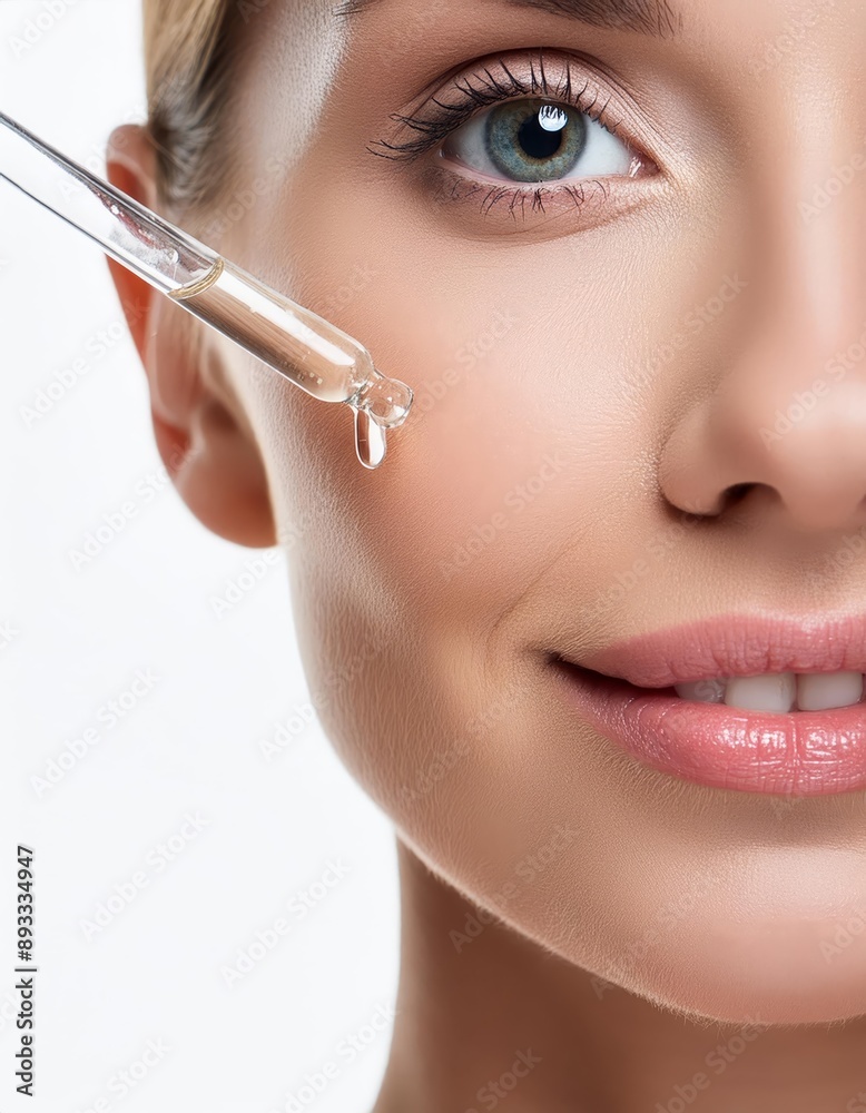 Beautiful Woman holding a Pipette with Skincare Serum - Applying Serum to her Face - Hyaluronic Acid, Anti Aging, Moisturiser, Repair, Hydrating, Vitamin, Ascorbic, Retinol, Exfoliant, Azelaic Beautiful Woman holding a Pipette with Skincare Serum - Applying Serum to her Face - Hyaluronic Acid, Anti Aging, Moisturiser, Repair, Hydrating, Vitamin, Ascorbic, Retinol, Exfoliant, Azelaic