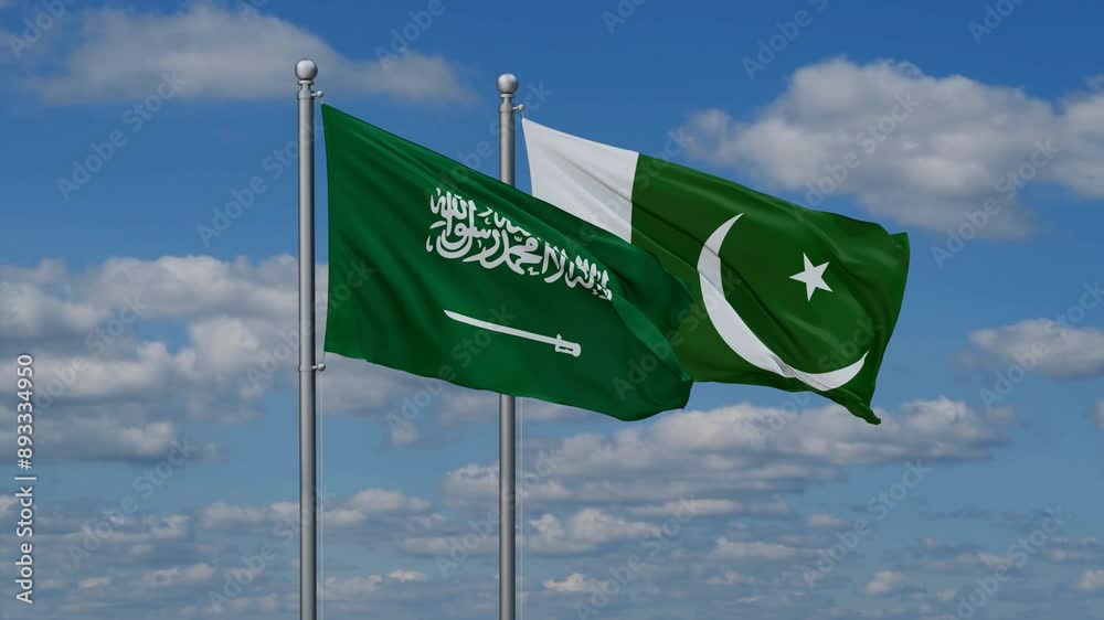 Pakistan and Saudi Arabia flags flying together, video concept of the relationship, two country relations concept Pakistan and Saudi Arabia flags flying together, video concept of the relationship, two country relations concept