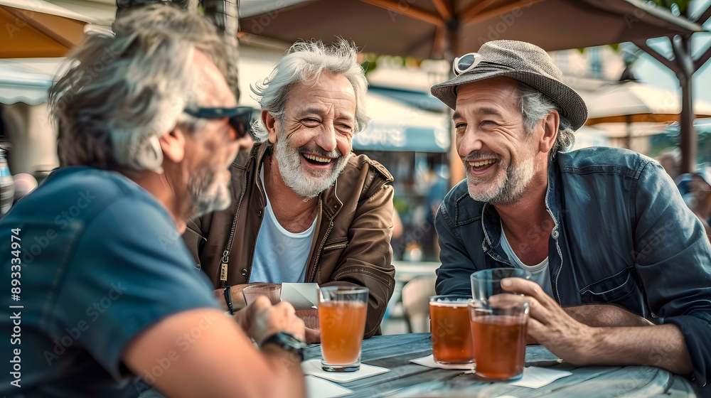Old mature men friends meeting in city beach cafe and go to drink cocktails Old mature men friends meeting in city beach cafe and go to drink cocktails