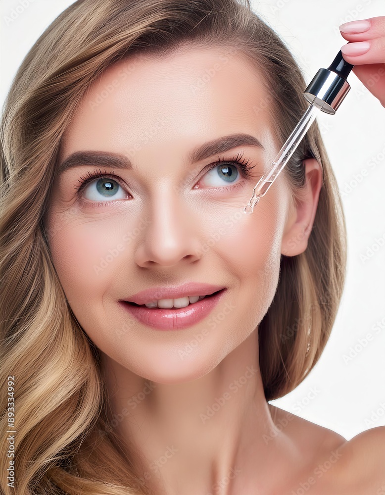 Beautiful Woman holding a Pipette with Skincare Serum - Applying Serum to her Face - Hyaluronic Acid, Anti Aging, Moisturiser, Repair, Hydrating, Vitamin, Ascorbic, Retinol, Exfoliant, Azelaic Beautiful Woman holding a Pipette with Skincare Serum - Applying Serum to her Face - Hyaluronic Acid, Anti Aging, Moisturiser, Repair, Hydrating, Vitamin, Ascorbic, Retinol, Exfoliant, Azelaic