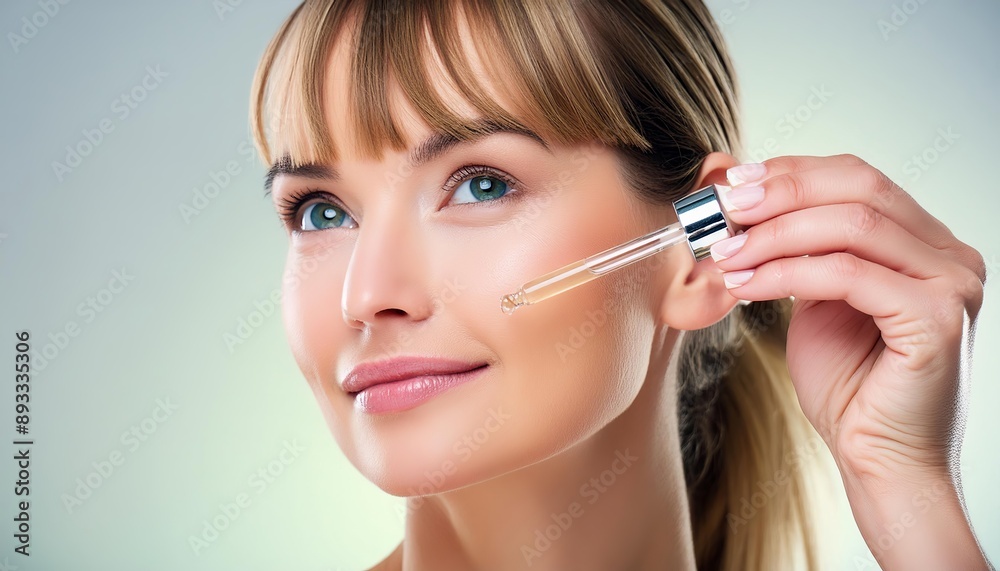 Beautiful Woman holding a Pipette with Skincare Serum - Applying Serum to her Face - Hyaluronic Acid, Anti Aging, Moisturiser, Repair, Hydrating, Vitamin, Ascorbic, Retinol, Exfoliant, Azelaic Beautiful Woman holding a Pipette with Skincare Serum - Applying Serum to her Face - Hyaluronic Acid, Anti Aging, Moisturiser, Repair, Hydrating, Vitamin, Ascorbic, Retinol, Exfoliant, Azelaic