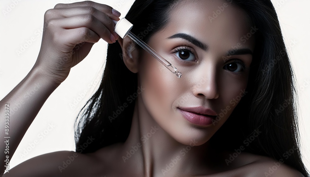 Obraz premium Beautiful Woman holding a Pipette with Skincare Serum - Applying Serum to her Face - Hyaluronic Acid, Anti Aging, Moisturiser, Repair, Hydrating, Vitamin, Ascorbic, Retinol, Exfoliant, Azelaic