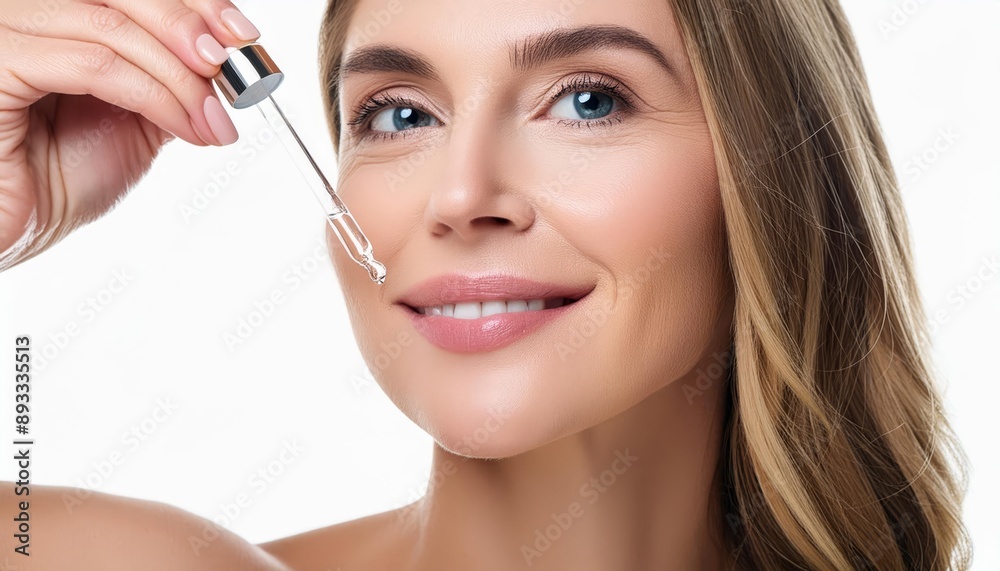 Fototapeta premium Beautiful Woman holding a Pipette with Skincare Serum - Applying Serum to her Face - Hyaluronic Acid, Anti Aging, Moisturiser, Repair, Hydrating, Vitamin, Ascorbic, Retinol, Exfoliant, Azelaic