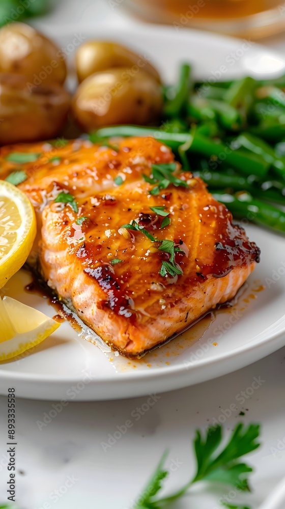 Delicious Salmon with Honey Mustard Glaze, Roasted Potatoes, and Green Beans Delicious Salmon with Honey Mustard Glaze, Roasted Potatoes, and Green Beans