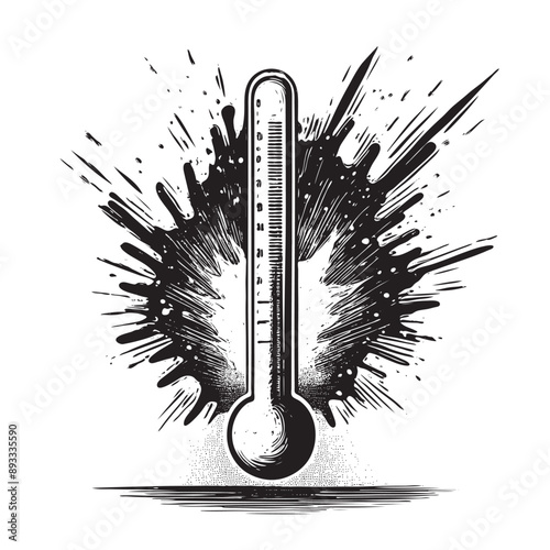 Vintage illustration of a thermometer exploding with mercury due to extreme heat, symbolizing rising summer temperatures.