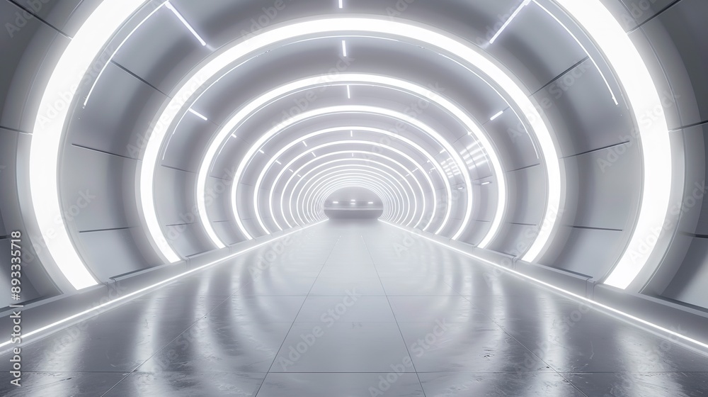 White background 3D room light abstract space technology tunnel stage floor. Empty white future 3D neon background studio futuristic corridor render modern interior silver road black wall design gray White background 3D room light abstract space technology tunnel stage floor. Empty white future 3D neon background studio futuristic corridor render modern interior silver road black wall design gray