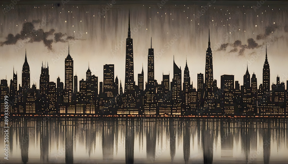 Obraz premium Silhouette of a city skyline at night with a reflection in the water, creating a captivating, serene visual effect, Generative AI.