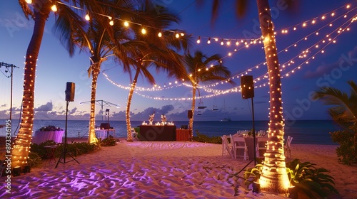 Background A beachside gala with a white sand dance floor and ling string lights