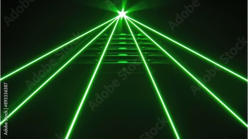 Bright green laser lights forming a pyramid-like shape.