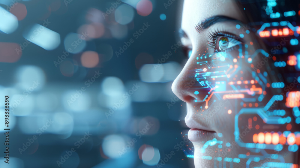AI cyber security, Close-up female face with digital data overlay representing technology's impact on life AI cyber security, Close-up female face with digital data overlay representing technology's impact on life