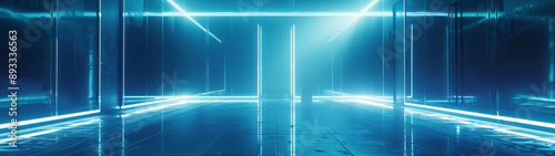 A futuristic room with bright lights, in light azure and black colors, with a panorama, poolcore elements, and infinity nets. photo